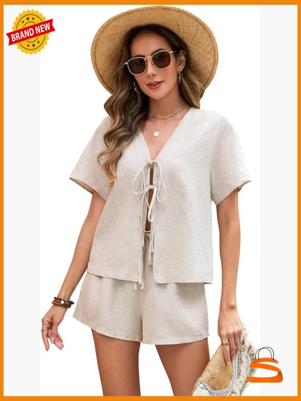 Pure Linen 2 Piece Lounge Set - Tie Front Top & High Waist Shorts with Pockets